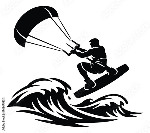Silhouette illustration of kitesurfer depicting dynamic wave riding action for extreme sports and adventure design