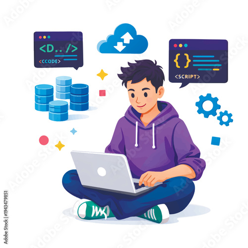 Young male programmer sitting cross-legged working on a laptop. Software development concept with cloud computing, database, coding, and script icons. Modern flat vector illustration for tech.