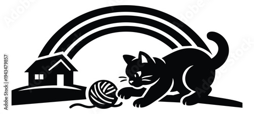 Silhouette illustration of playful kitten depicting cat playing with yarn ball under rainbow with house for pet and home design