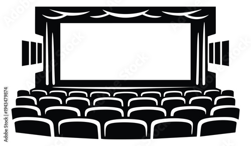Silhouette illustration of a movie theater interior depicting auditorium seating and cinema screen for entertainment design