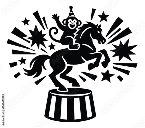 Silhouette illustration of a monkey riding a horse depicting a circus performance on a striped pedestal for entertainment design