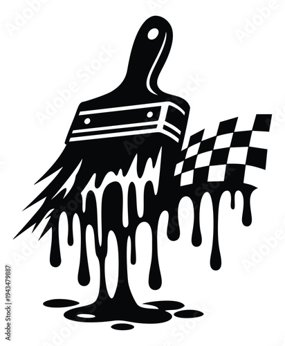 Bold silhouette illustration of paint brush with checkered racing flag depicting dripping paint for automotive and motorsport design