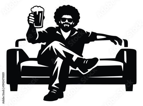 Silhouette illustration of relaxed man sitting on couch depicting casual lifestyle with beer for entertainment and leisure design