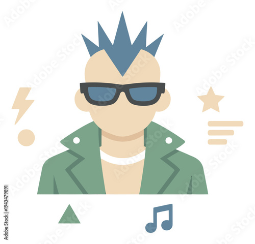 Flat illustration of a punk rock avatar depicting a mohawk musician with sunglasses and music symbols for entertainment design