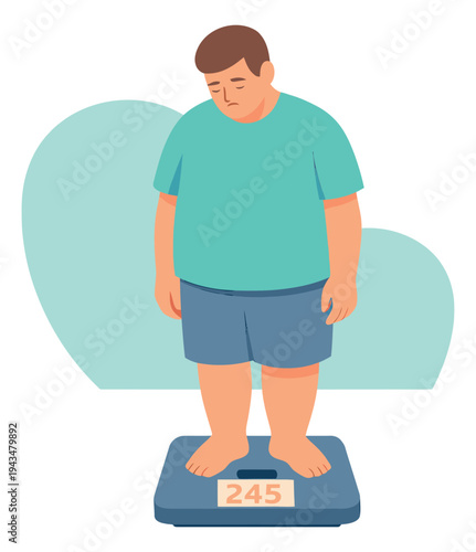 Flat illustration of overweight man depicting sadness while standing on scale showing 245 pounds for health and wellness design