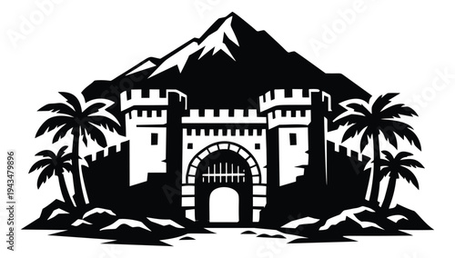 Silhouette illustration of a desert fortress depicting a medieval castle gate with palm trees and mountain backdrop for travel and history design