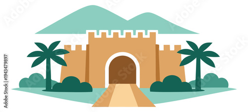 Flat illustration of an ancient desert fortress depicting a walled gate with palm trees and mountains for travel and history design