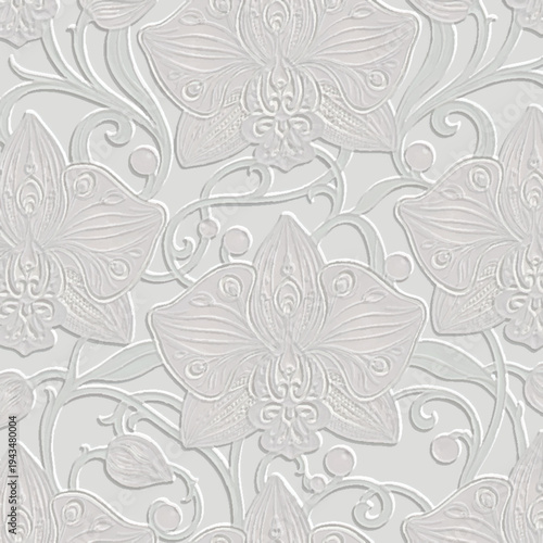 White 3D embossed seamless pattern with orchid flowers and swirling vines. Luxury emboss floral endless texture with realistic shadow effects. Textured bas-relief style for modern wall decor.