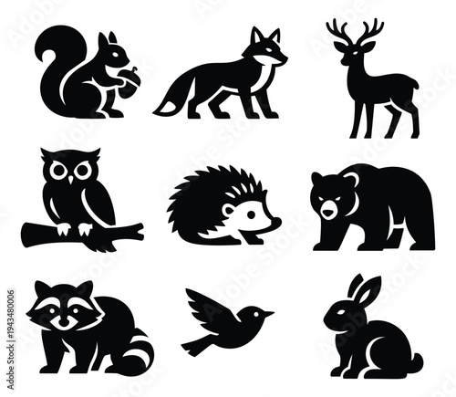 Silhouette icon set of 9 woodland animals featuring squirrel, fox, deer, owl, hedgehog, bear, raccoon, bird and rabbit for nature design