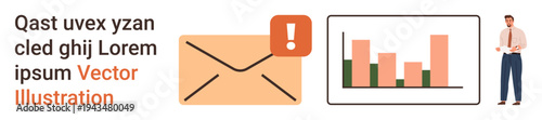 Email notifications, data analysis, business reporting, communication, productivity tools, notifications. Envelope with alert sign, bar chart and businessman. Email notifications and data analysis