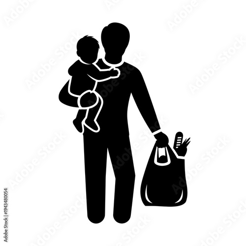 A man carrying a baby and bag.