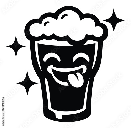 Cartoon silhouette illustration of a happy beer mug depicting a smiling face with tongue out for bar and pub design