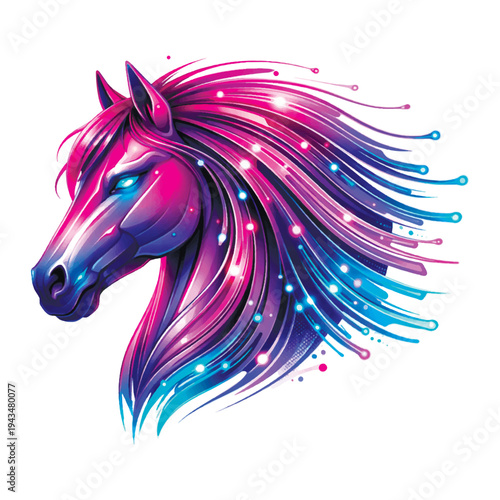 Stunning neon horse head with glowing fiber optic mane. Futuristic equine portrait in vibrant pink, purple, and blue colors. Modern digital art concept representing speed, power, and high-tech.