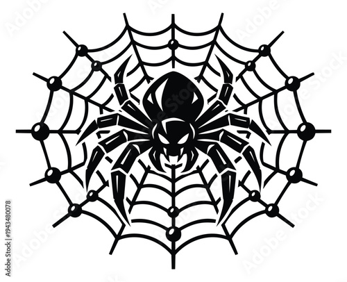 Bold silhouette illustration of spider on web depicting predatory arachnid for Halloween and horror design