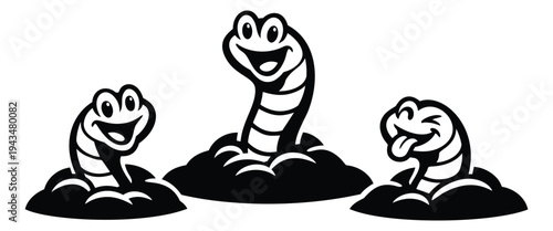 Cartoon illustration set of 3 cheerful worms emerging from dirt mounds depicting cute garden characters for children and nature design