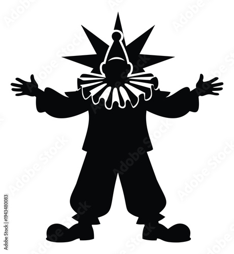 Silhouette illustration of a spooky clown depicting outstretched arms and pointed hat for Halloween and horror design