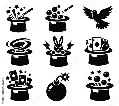 Silhouette icon set of 9 magic show symbols featuring top hat, rabbit, cards, wand and bomb for entertainment design