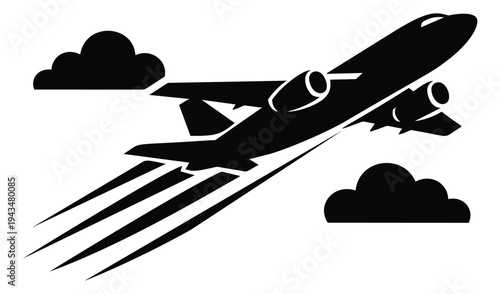Silhouette illustration of commercial airplane depicting takeoff with speed lines and clouds for aviation and travel design