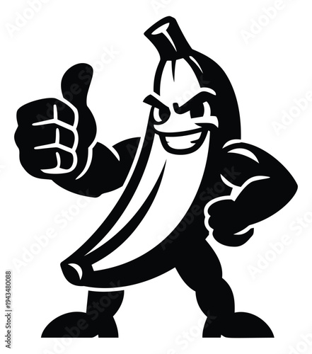 Cartoon silhouette illustration of a muscular banana character depicting thumbs up gesture for fun food and mascot design