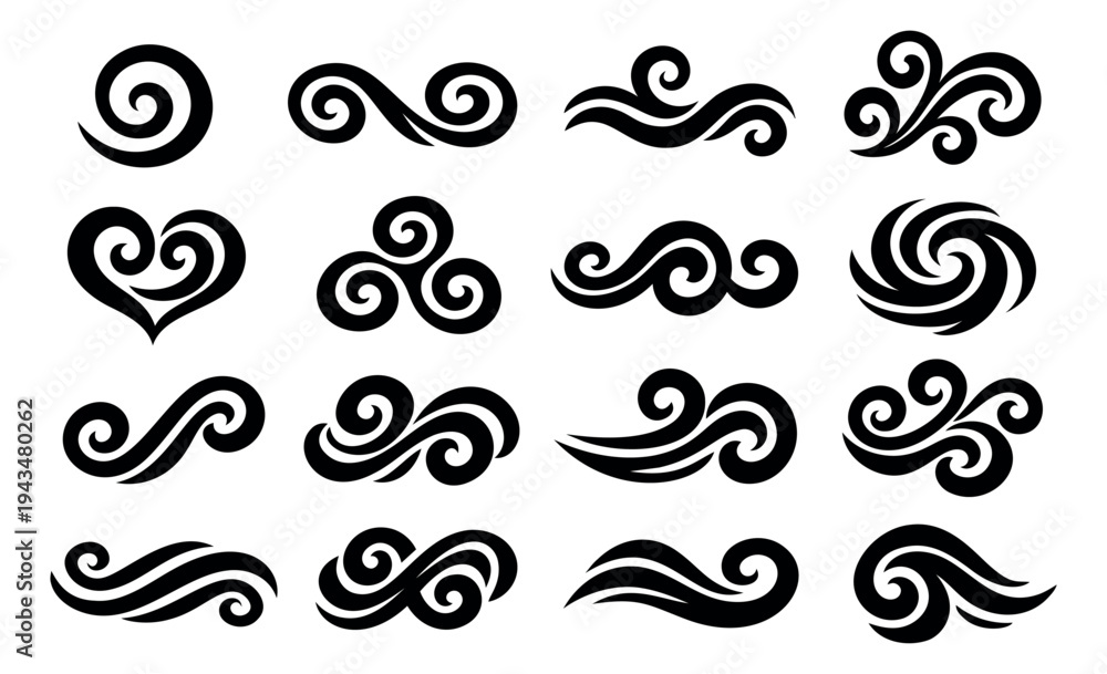 Fototapeta premium Silhouette icon set of 15 swirl and wave motifs featuring spiral curls, scrolls and decorative flourishes for ornamental design