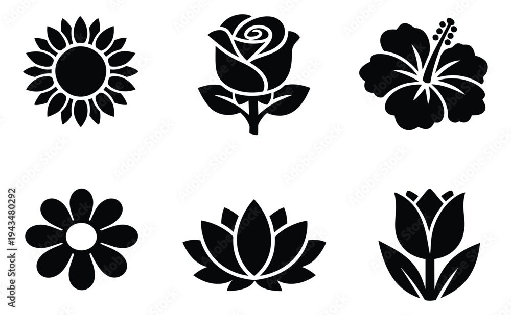 Obraz premium Silhouette icon set of 6 flowers featuring sunflower, rose, hibiscus, daisy, lotus and tulip for botanical design