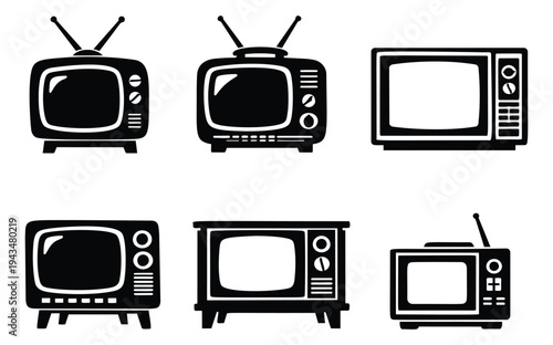 Silhouette icon set of 6 retro televisions featuring vintage CRT sets with antennas and knobs for media and entertainment design