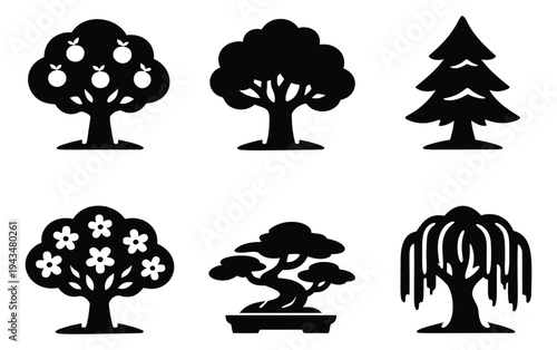 Silhouette icon set of 6 trees featuring apple tree, oak, pine, cherry blossom, bonsai and willow for nature design