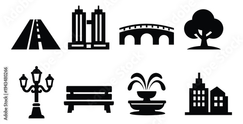 Silhouette icon set of 8 city elements featuring road, skyscraper, bridge, tree, street lamp, bench, fountain and buildings for urban design
