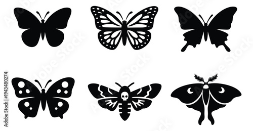 Silhouette icon set of 6 butterflies and moths featuring monarch, luna moth and death head designs for nature and tattoo design