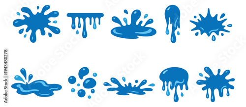 Flat icon set of 10 water splash shapes featuring drips, drops and puddles for nature and liquid design