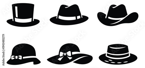 Silhouette icon set of 6 hats featuring top hat, fedora, cowboy, cloche, sun hat and boater styles for fashion design