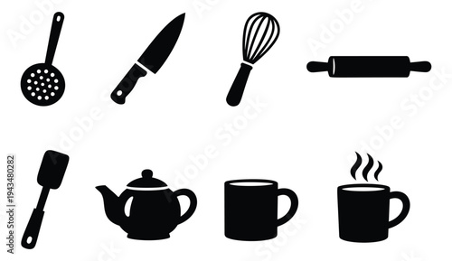 Silhouette icon set of 8 kitchen utensils featuring skimmer, knife, whisk, rolling pin, spatula, teapot and mugs for culinary design