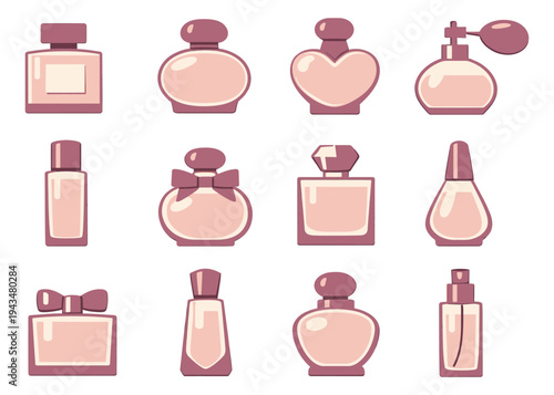Cartoon icon set of 12 perfume bottles featuring various elegant shapes including heart bow and atomizer designs for beauty and cosmetics