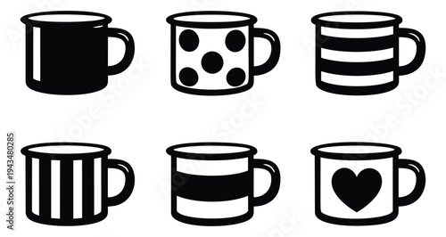 Flat icon set of 6 enamel mugs featuring solid, polka dot, striped and heart pattern designs for kitchen and cafe use