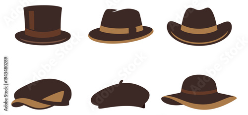 Flat icon set of 6 brown hats featuring top hat, fedora, cowboy, beret, baseball cap and floppy styles for fashion design