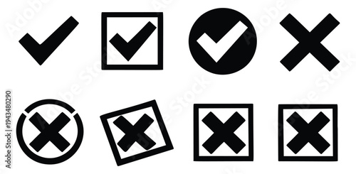 Flat icon set of 8 check mark and cross symbols featuring approval, rejection and voting signs for ui and form design