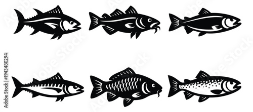 Woodcut icon set of 6 fish species featuring bold black silhouettes of salmon, carp, cod and trout for fishing and seafood design