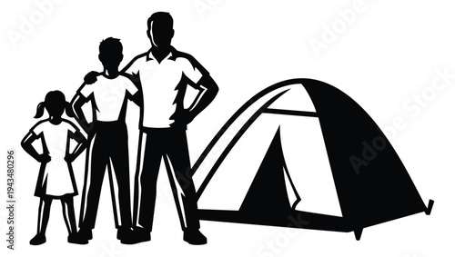 Silhouette illustration of family camping depicting father and children standing near tent for outdoor and adventure design