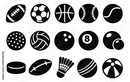 Silhouette icon set of 15 sports equipment symbols featuring balls, puck, shuttlecock and recreational gear for athletic design