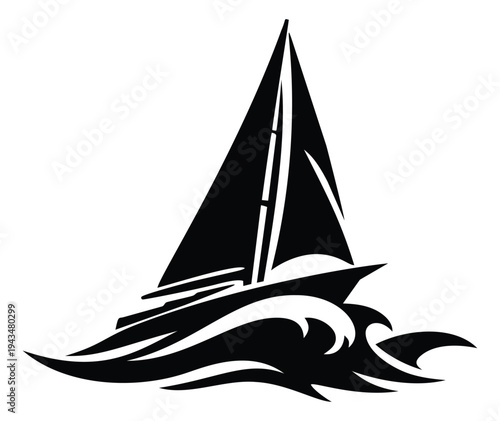Silhouette illustration of sailboat on ocean waves depicting nautical adventure for marine and travel design