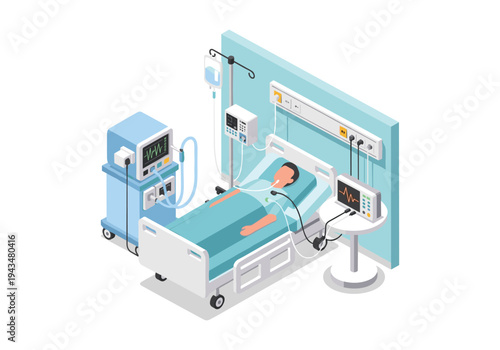 Patient in hospital bed with medical equipment, intensive care unit scene