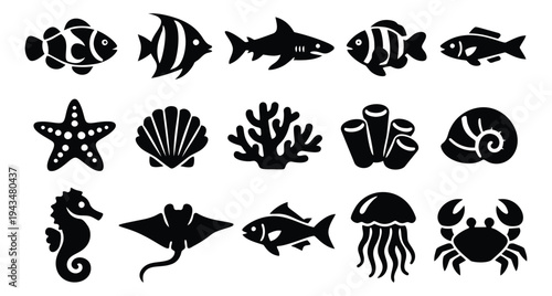 Silhouette icon set of 15 sea life symbols featuring fish, shark, crab, jellyfish and coral reef elements for marine design