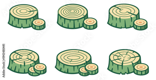 Cartoon icon set of 6 tree stumps featuring growth rings, cracks and bark textures for nature and forestry design