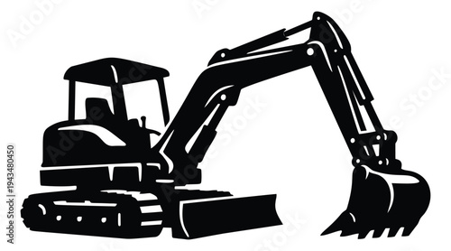 Silhouette illustration of a mini excavator depicting heavy construction machinery for industrial and building design