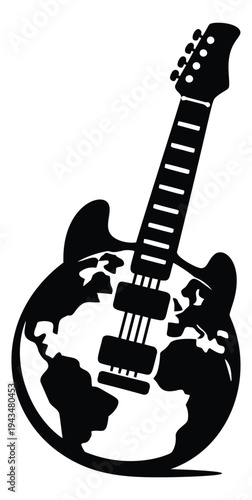 Silhouette illustration of electric guitar merged with world globe depicting global music concept for entertainment design