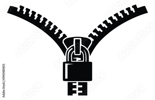 Flat silhouette illustration of an open zipper with padlock depicting security and privacy concept for business design