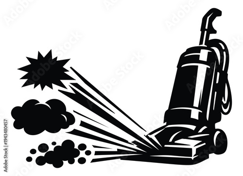 Bold silhouette illustration of upright vacuum cleaner depicting powerful suction with dust and debris for cleaning service design