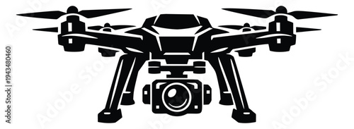 Silhouette illustration of a camera drone depicting aerial quadcopter with gimbal for technology and photography design