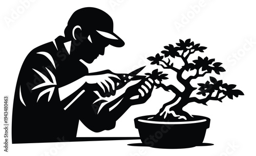 Silhouette illustration of a bonsai gardener depicting tree pruning and shaping for nature and hobby design