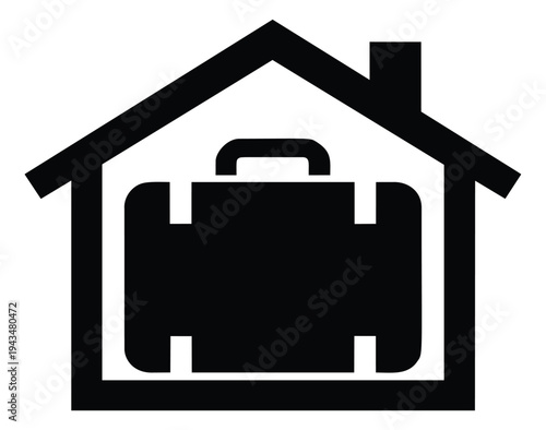 Flat silhouette illustration of briefcase inside house depicting remote work concept for business and real estate design